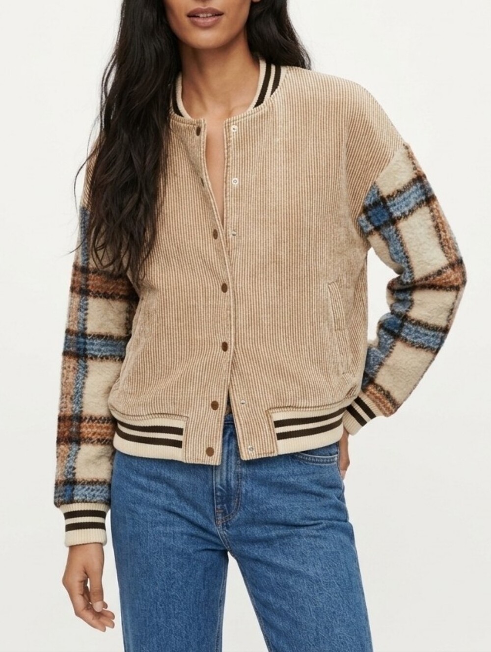 Vintage Corduroy Button-Front Plaid Sherpa Sleeved Bomber Jacket In Beige/Blue